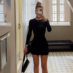 Women Clothing Summer Solid Color round Neck Backless Slim Fit Hip Bag Dress Sexy WensDiva