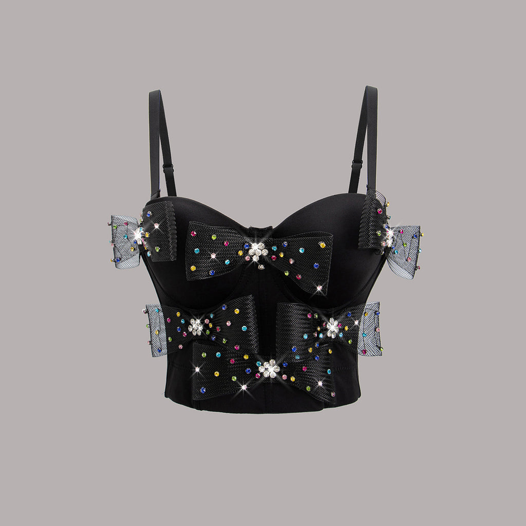 Sexy Bow Suspenders Vest Women Short Stretch Body Shaping Boning Corset Corset Rhinestone Top WildQueen