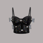 Sexy Bow Suspenders Vest Women Short Stretch Body Shaping Boning Corset Corset Rhinestone Top WildQueen