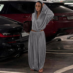 Summer Women Clothing Solid Color Idle Hooded Long Sleeve Top Pleated Loose Maxi Skirt Set HERMS