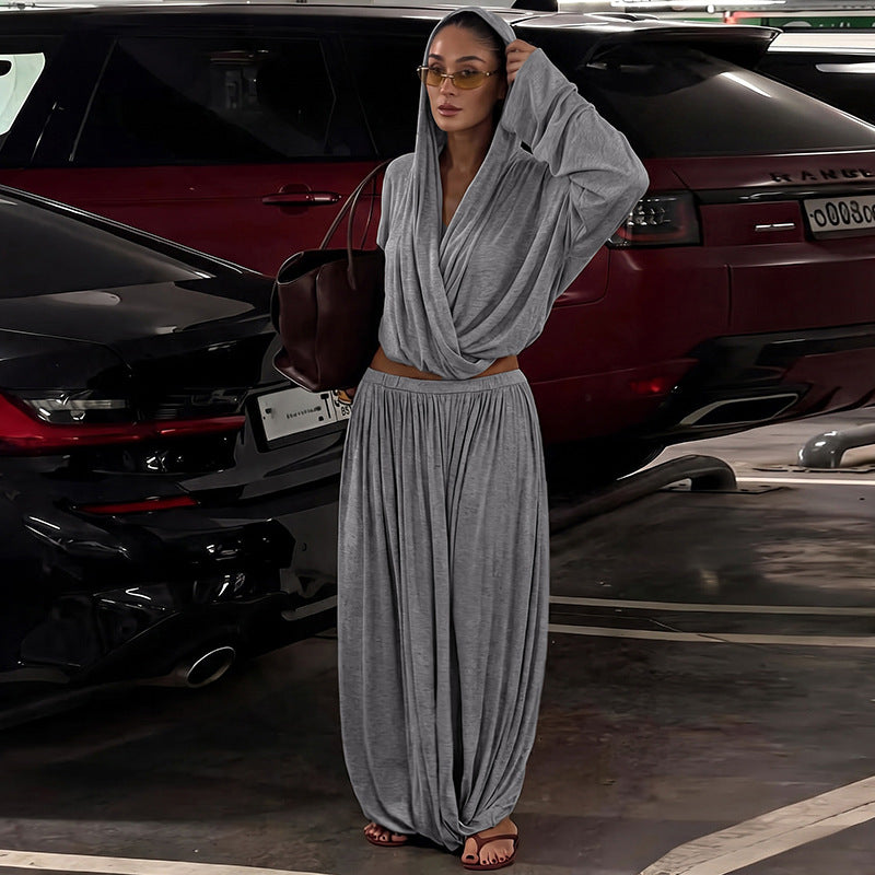 Summer Women Clothing Solid Color Idle Hooded Long Sleeve Top Pleated Loose Maxi Skirt Set HERMS
