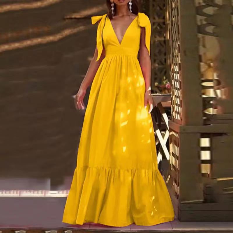 Dress Spring Summer Off Shoulder Sexy Backless Bow Sling Large Swing Dress TONA