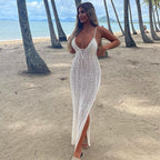 Women Sling Backless Knitted Dress Beach Seaside V neck Sexy Tight Split Spring Summer Dress Forkaz