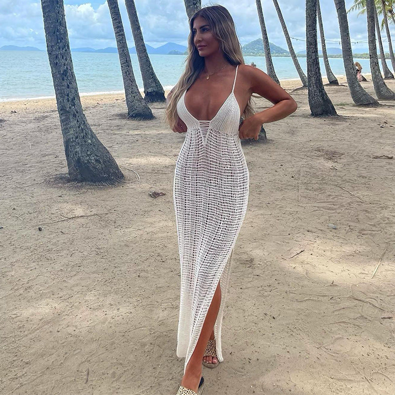 Women Sling Backless Knitted Dress Beach Seaside V neck Sexy Tight Split Spring Summer Dress Forkaz
