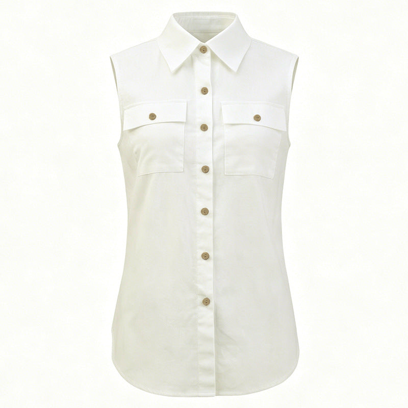 French Casual Cotton Linen Sleeveless Shirt Women Summer Collared Double Pocket Loose Shirt Vacation Top CONY