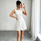 Summer French Dress Women round Neck Sleeveless Lace up Waist Controlled White Gentle Pleated Yiskiss