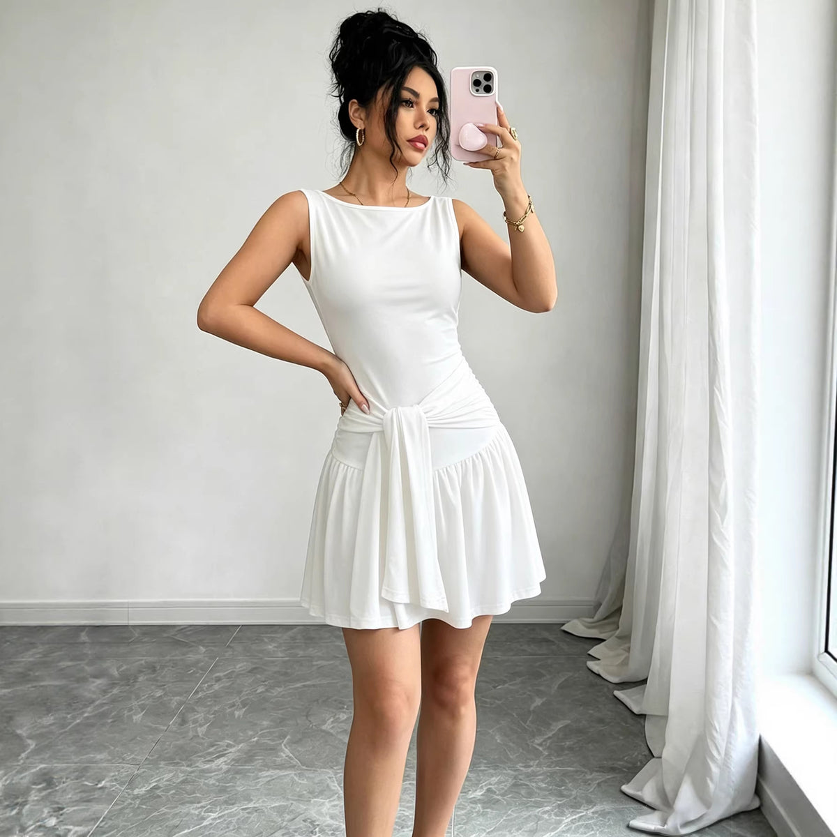 Summer French Dress Women round Neck Sleeveless Lace up Waist Controlled White Gentle Pleated Yiskiss