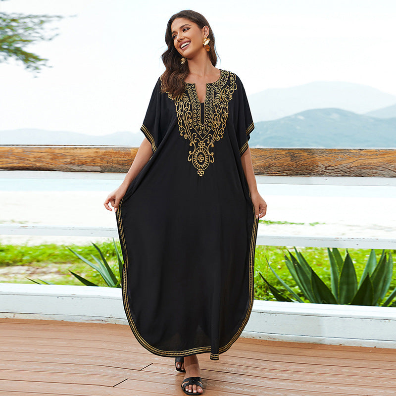 Robe longue décontractée brodée en coton, veste de plage, robe longue de plage pour femme, paréo de plage