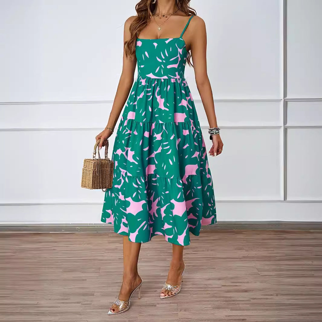 Vacation Spaghetti Strap Backless A line Long Casual Swing Printing Dress Women XINXI