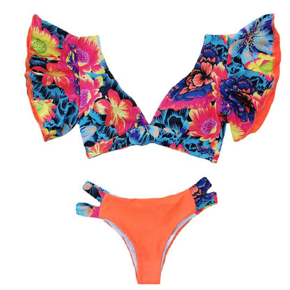 Bikini brasileño sexy plisado con abertura para mujer, traje de baño estampado con volantes