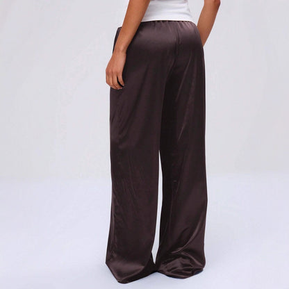 Women Clothing Trendy Autumn Satin Satin Casual Pants Loose Wide Leg Drawstring Long Pants