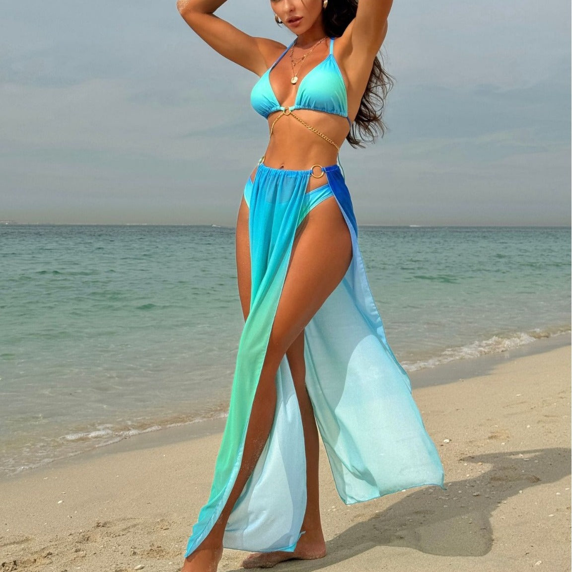 Vestido largo de malla degradada con cordón ajustable, bikini de tres piezas