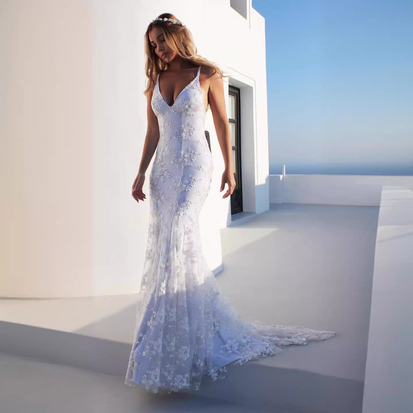 Robe longue blanche sexy à col V pour femme