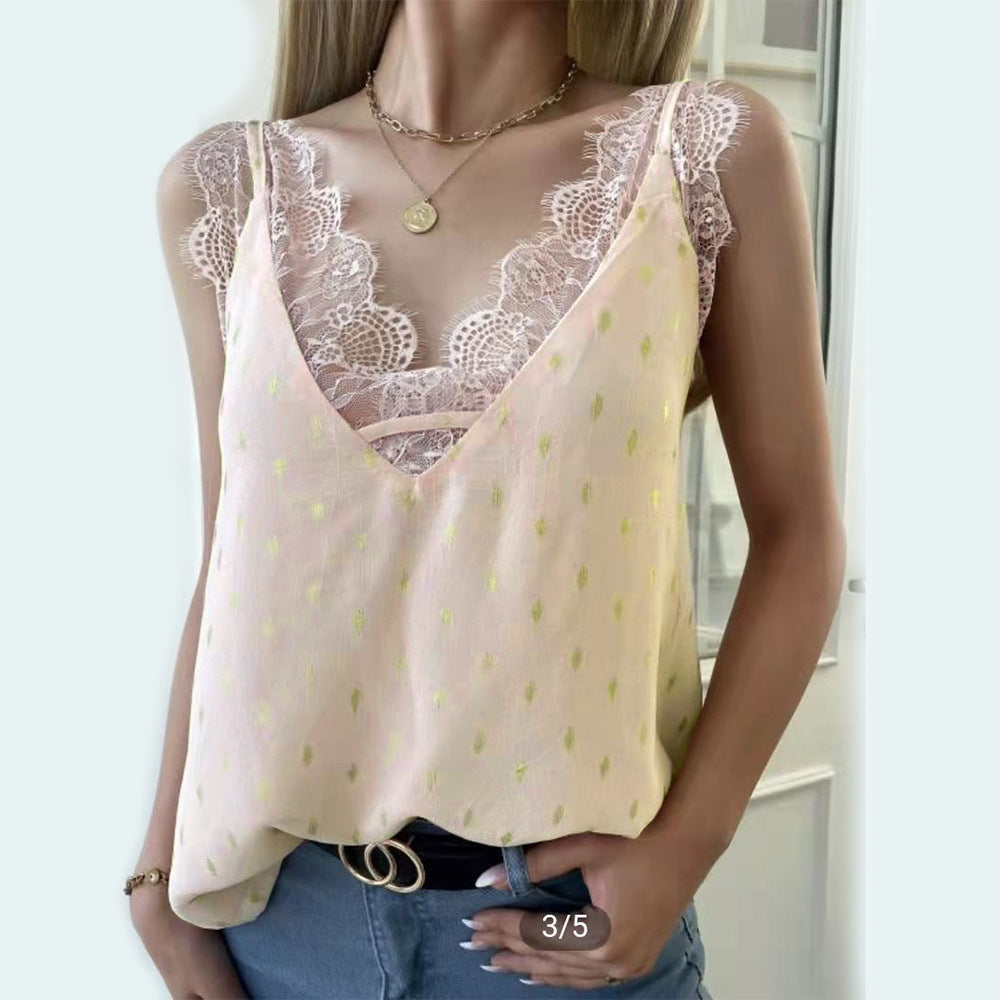 Summer Lace Lace Women Top Sleeveless Golden Yellow Small Sling Women Clothing V-neck Top RealGirl