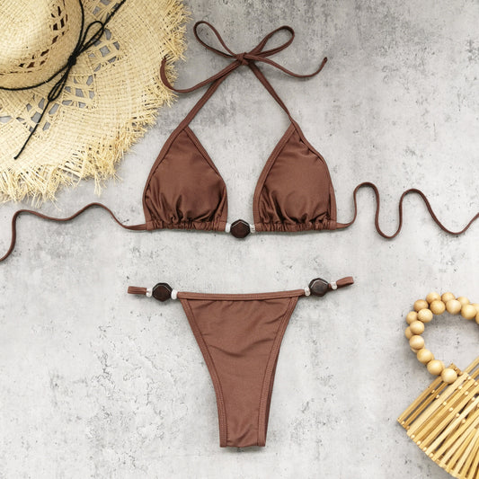 Solid Color Low Waist Bikini Sexy Backless Lace up Three Point Split Swimsuit Women Bikini
