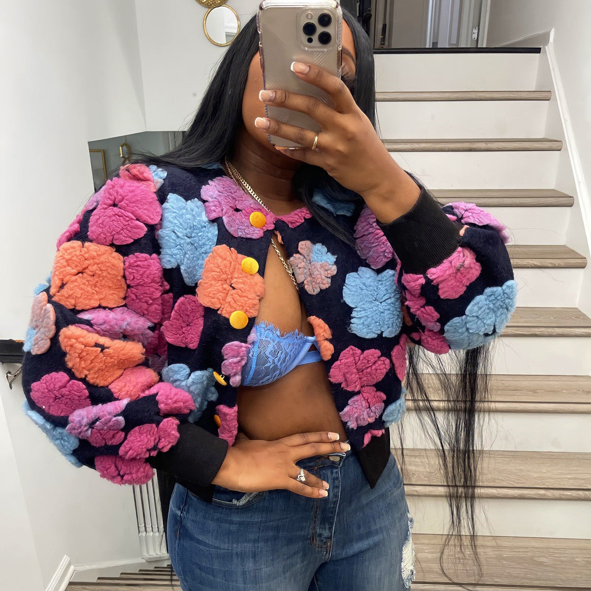 Cárdigan corto holgado con estampado floral tridimensional retro de otoño e invierno, abrigo de tendencia para mujer con clip 3D rosa