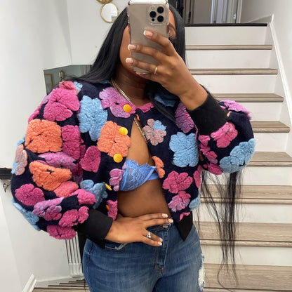 Cárdigan corto holgado con estampado floral tridimensional retro de otoño e invierno, abrigo de tendencia para mujer con clip 3D rosa