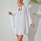 Women Bow Tie Pullover Bikini Swimsuit Blouse Solid Color Loose Sun Proof Clothes Mangar