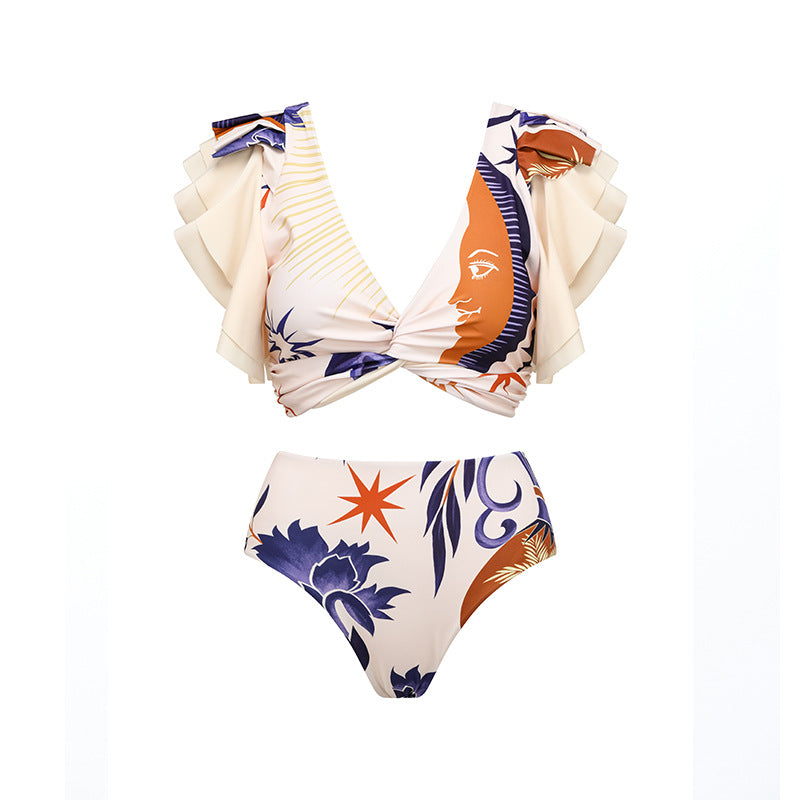 Traje de baño sexy adelgazante con pantalones de cintura alta y mangas de loto para mujer
