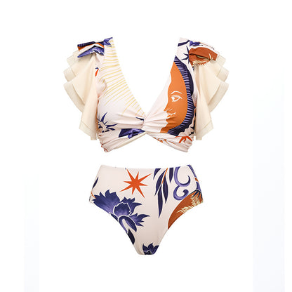 Traje de baño sexy adelgazante con pantalones de cintura alta y mangas de loto para mujer