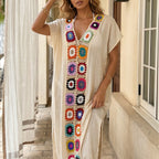 Women Clothing Crocheted Random Mixed Color Stitching Sexy Beach Blouse Oyimi