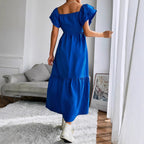 Women Clothing Ruffled A line Dress off Neck Flying Sleeves Solid Color Long Dress DREAMCHIN