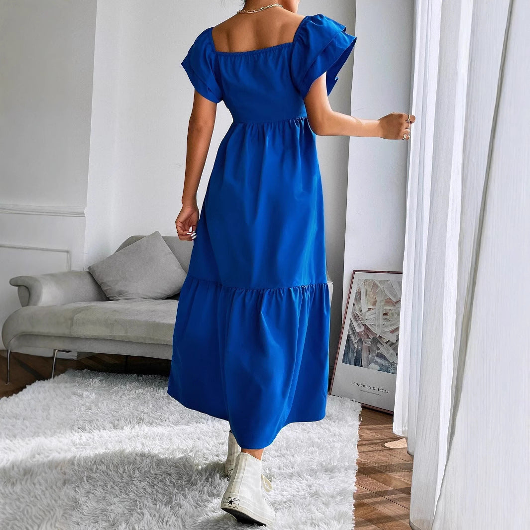 Women Clothing Ruffled A line Dress off Neck Flying Sleeves Solid Color Long Dress DREAMCHIN