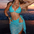 Summer Women Blue Sequined Spaghetti Strap Halter Holiday Sexy Beach Three Piece Bikini Swimsuit OLam
