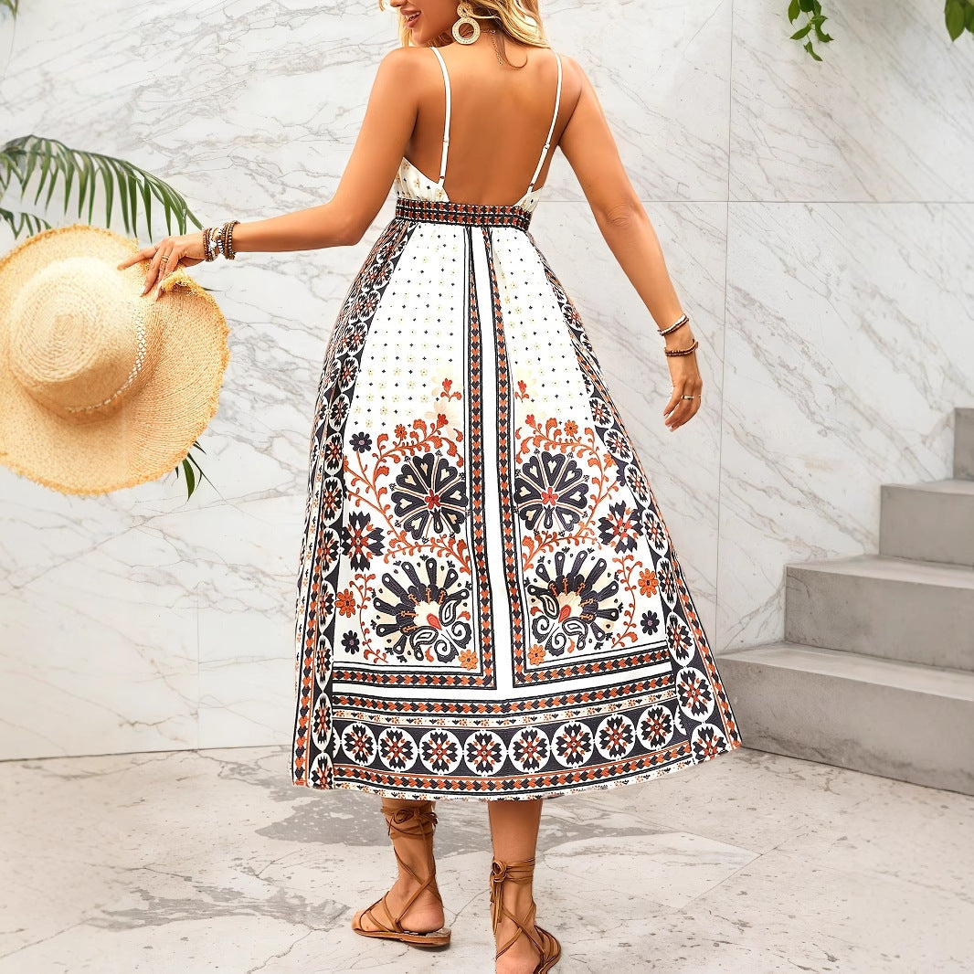 Backless Cami Dress Bohemian Ethnic Positioning Printing Vacation Casual Internet Influencer Long Rogan