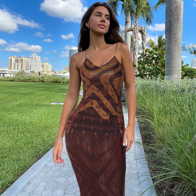 Women Clothing Summer Printed Sexy V Neck Backless Slim Fit Sling Dress Women BULLINGER