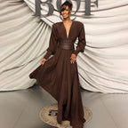 Spring Summer Chocolate Design Waist Seal Pleated Dress Brown Women Dress Sight
