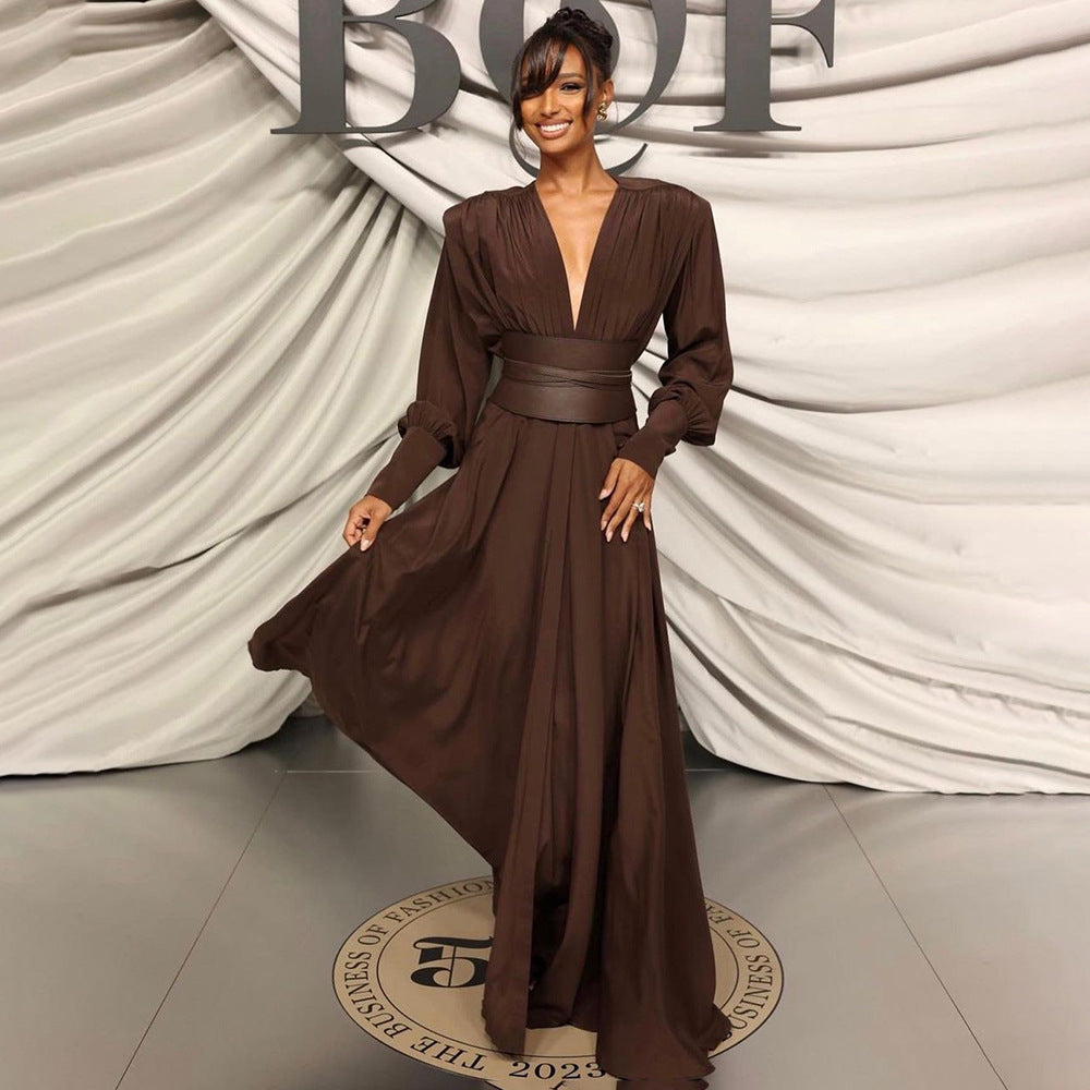 Spring Summer Chocolate Design Waist Seal Pleated Dress Brown Women Dress Sight