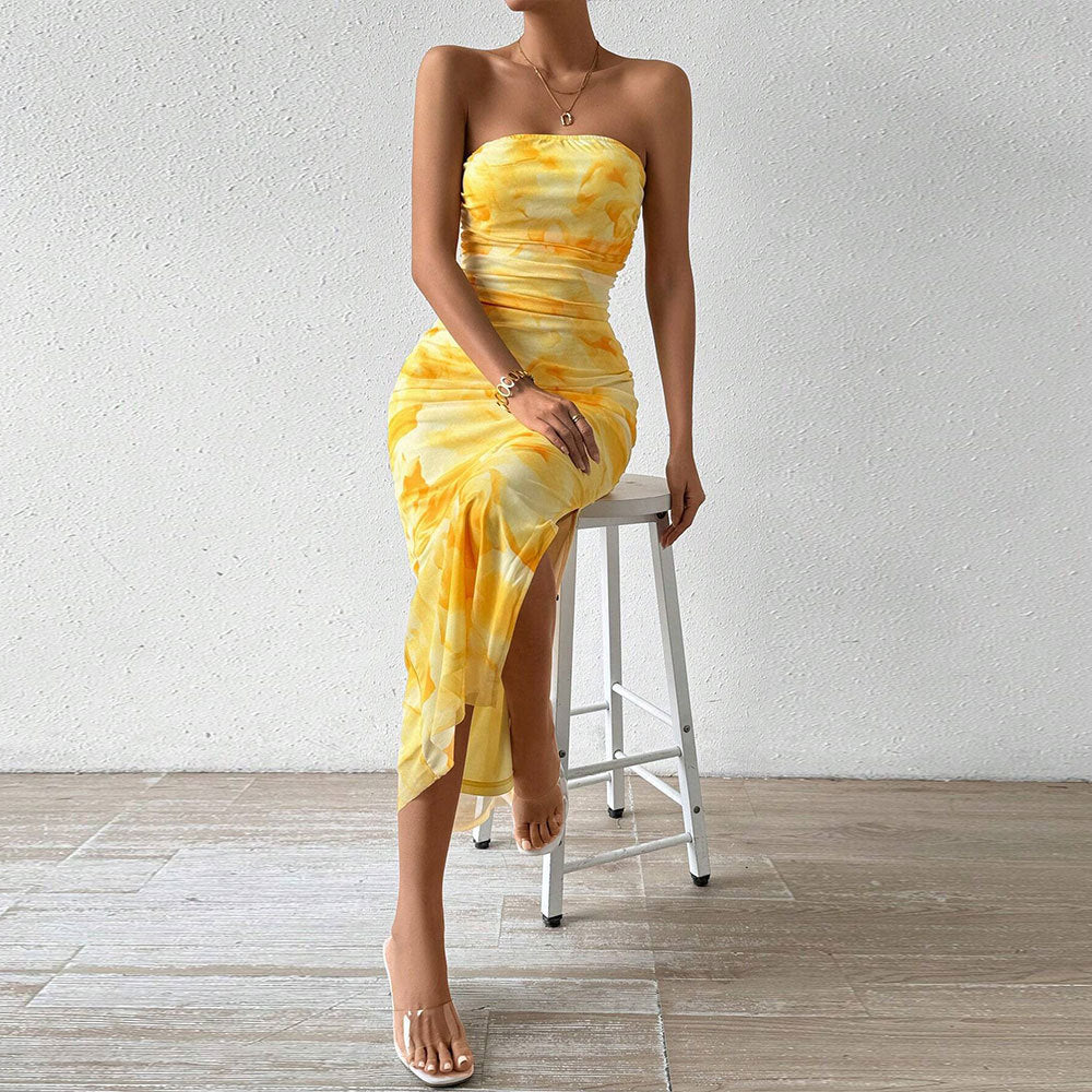 Printed Dress Spring Summer Women Clothing High Waist Slit Tube Top Dress Yiskiss