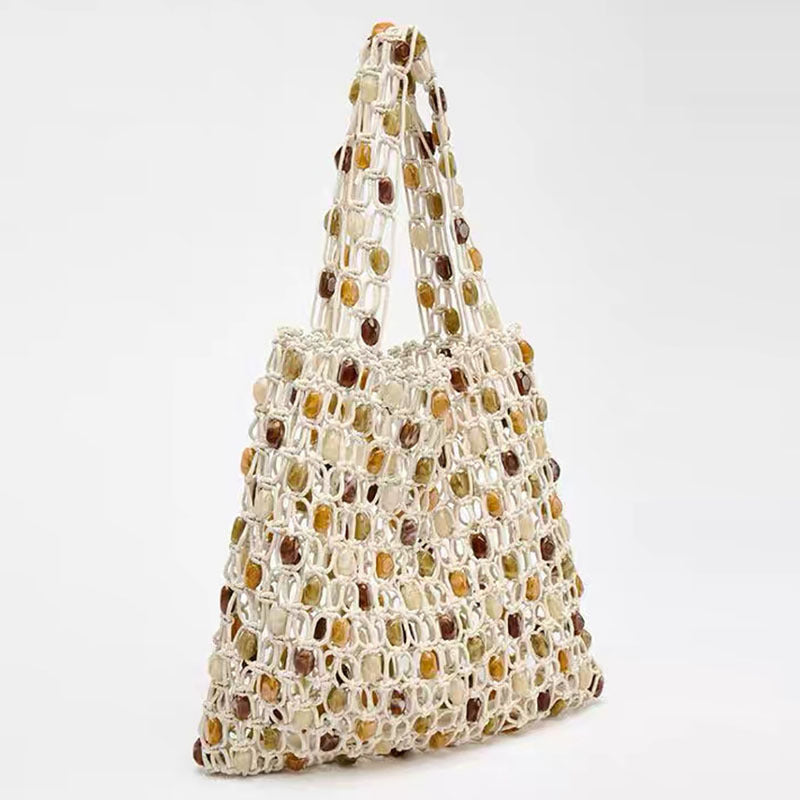 Bolso informal de verano con cuentas para mujer, bolso de playa tejido a cuadros con cuentas de madera recortadas y diseño especial 