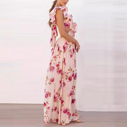 Arrival Women Floral Printing off the Shoulder Stitching Backless Summer Maxi Dress SSFSS