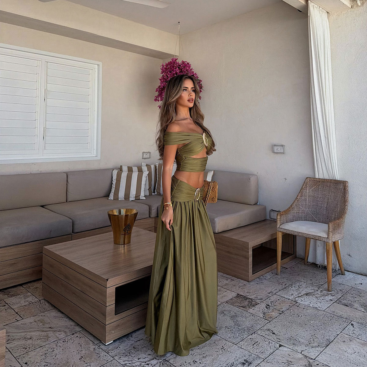 Solid Color Tube Top Sexy off the Shoulder Split Swimsuit Women Bikini Skirt Set Thunder