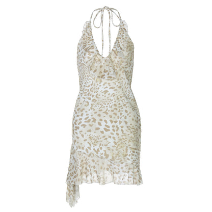 Summer Sexy Leopard Print Printed Sexy Deep V Plunge Sheath Wooden Ear Halter Dress Women