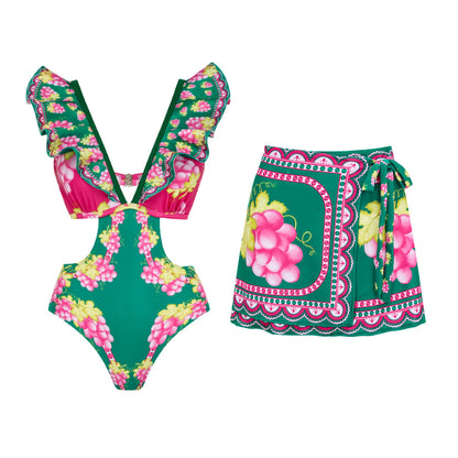 Multicolor Hollow out One Piece Swimsuit Skirt