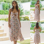 Summer New Sexy Sleeveless Split Printed Lace up Dress for Women Angel