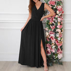 Women Clothing Summer Solid Color V neck Sexy Slit Hemline Hem Dress Qube