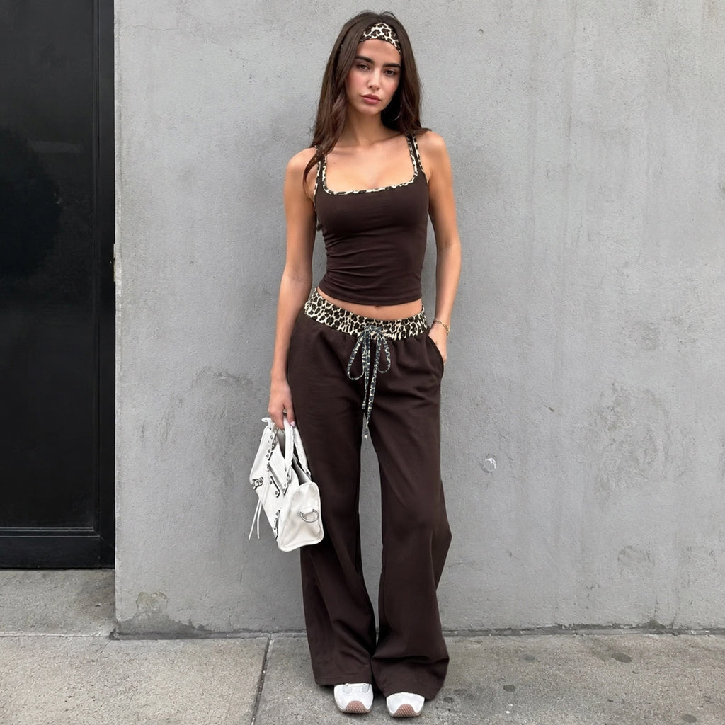 Leopard Print Contrast Color Waist Drawstring Wide Leg Pants Slim Fit Two Piece Sling Casual Street Homewear Set LingSharp