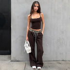 Leopard Print Contrast Color Waist Drawstring Wide Leg Pants Slim Fit Two Piece Sling Casual Street Homewear Set LingSharp