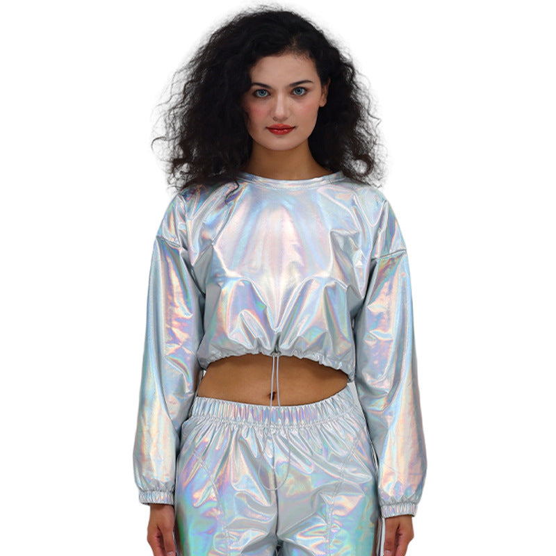 Sudadera corta con capucha y cordón ajustable de manga larga, sexy, de cuero brillante y bronceado
