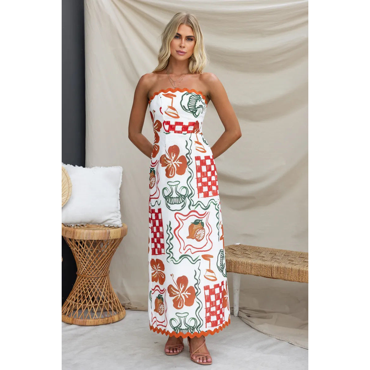 Spring Summer Chest Wrapped Pleated Casual Dress Vacation Loose Women Wear Dress Oyrina