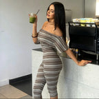 Summer Women Striped Sexy Tube Top off Shoulder Short Sleeve Skinny Knee Length Pants Set Dores