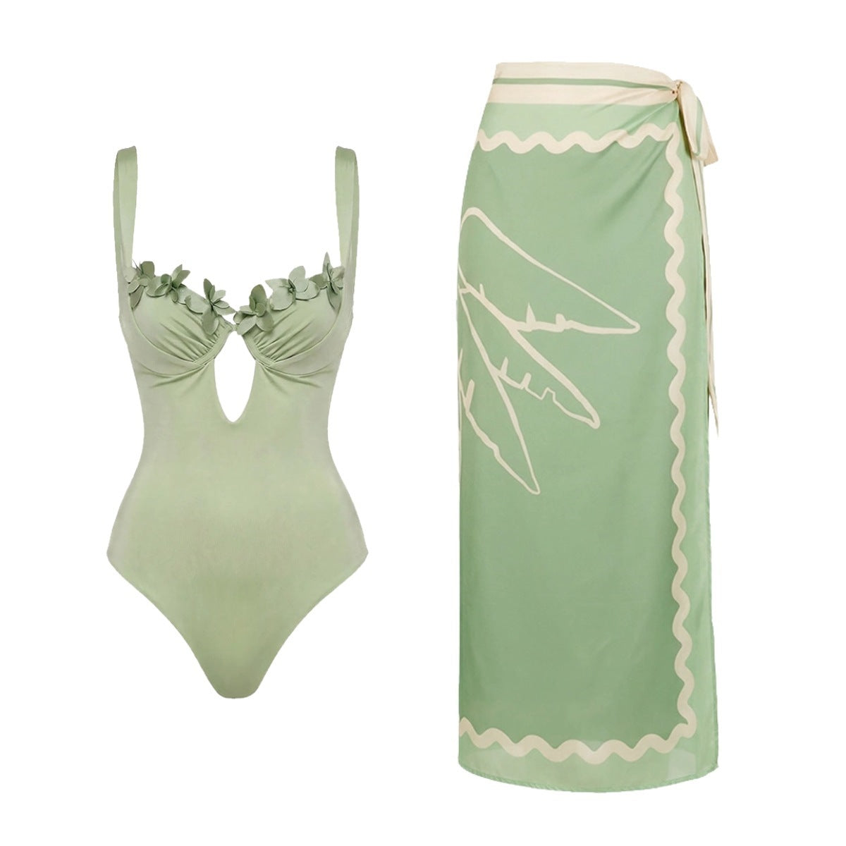 Light Green French Three Dimensional Floral One Piece Swimsuit Women Two Piece Spring Vacation Covering Belly Thin Swimwear ShineRealm