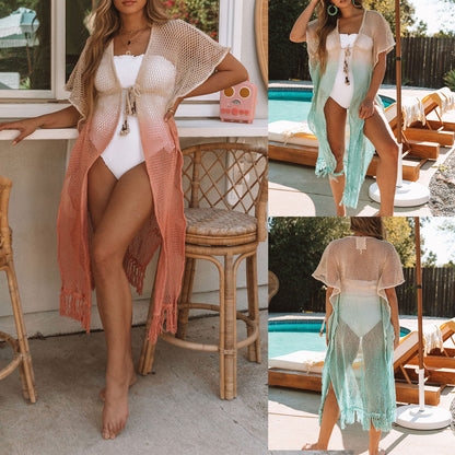 Tassel Cardigan for Women Spring Summer Sexy Perspective Hollow Out Cutout-out Blouse Mid Length