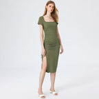 Knitted Small Sunken Stripe Elegant Square Cut Collar Waist Figure Flattering Side Slit Hip Dress Yiskiss