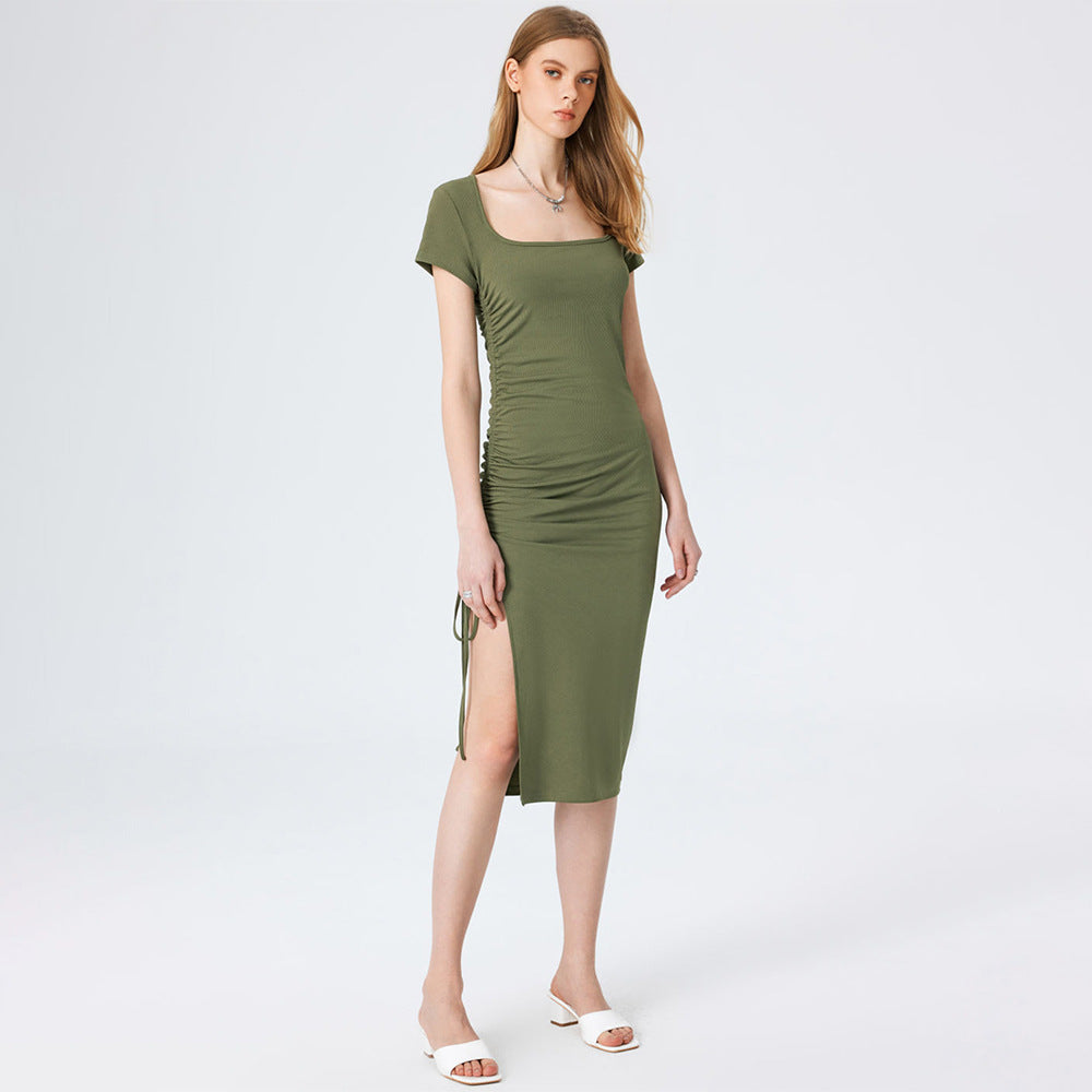 Knitted Small Sunken Stripe Elegant Square Cut Collar Waist Figure Flattering Side Slit Hip Dress Yiskiss