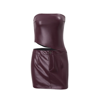 Women Clothing Fall Sexy Faux Leather Tube Top Irregular Asymmetric Top Hip Skirt Set